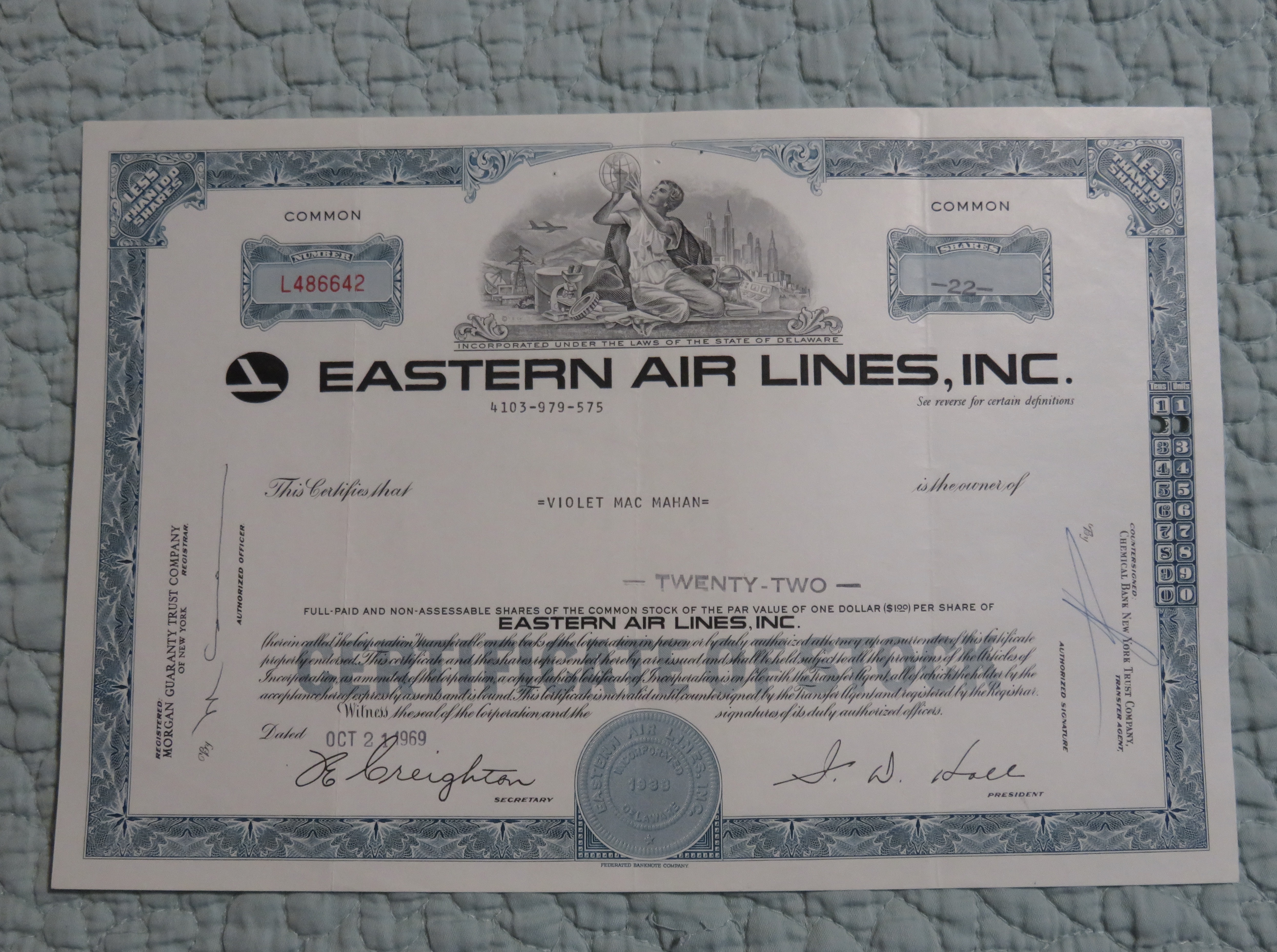 1969 Eastern Air Lines Inc Stock Certificate