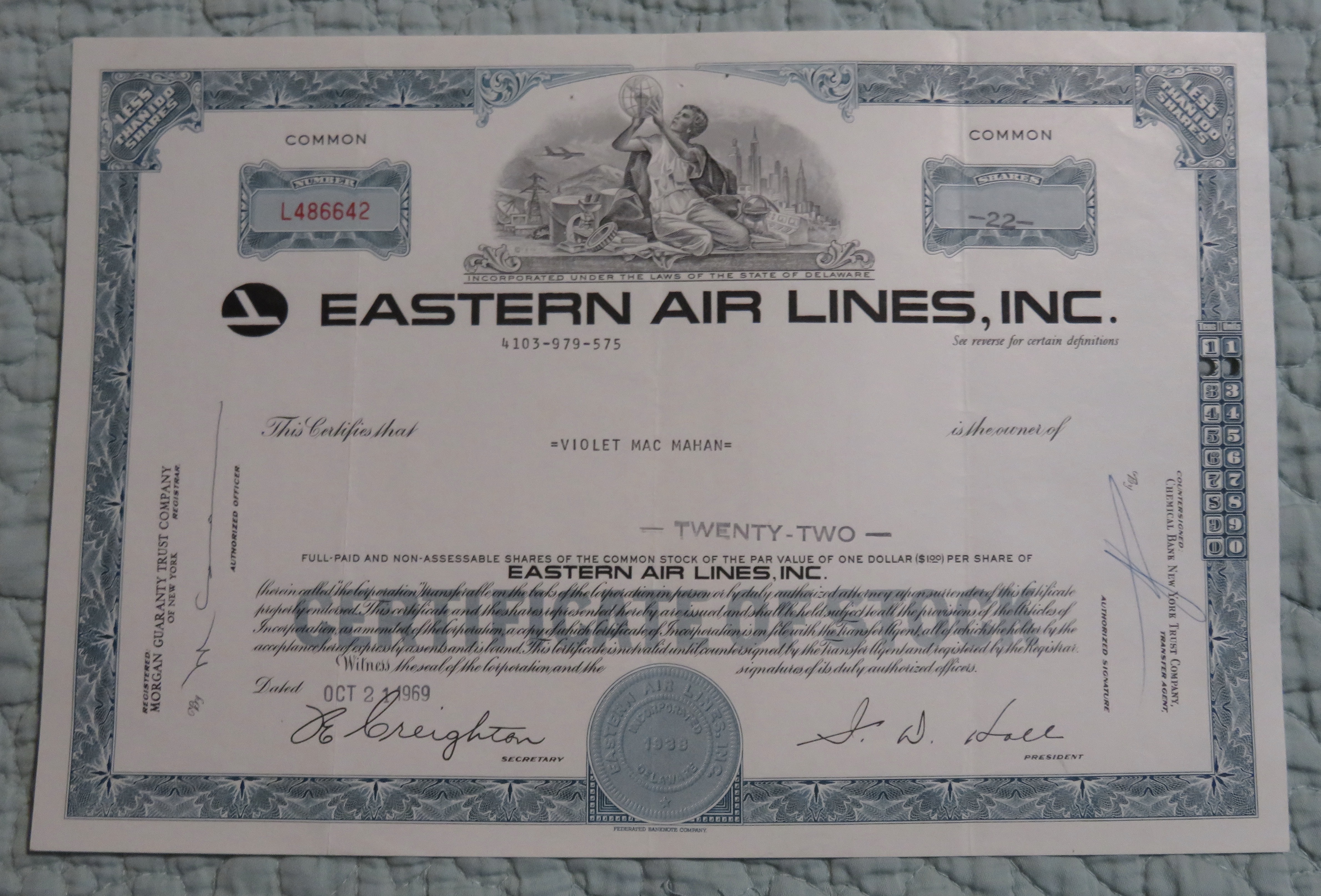 1969 Eastern Air Lines Inc Stock Certificate