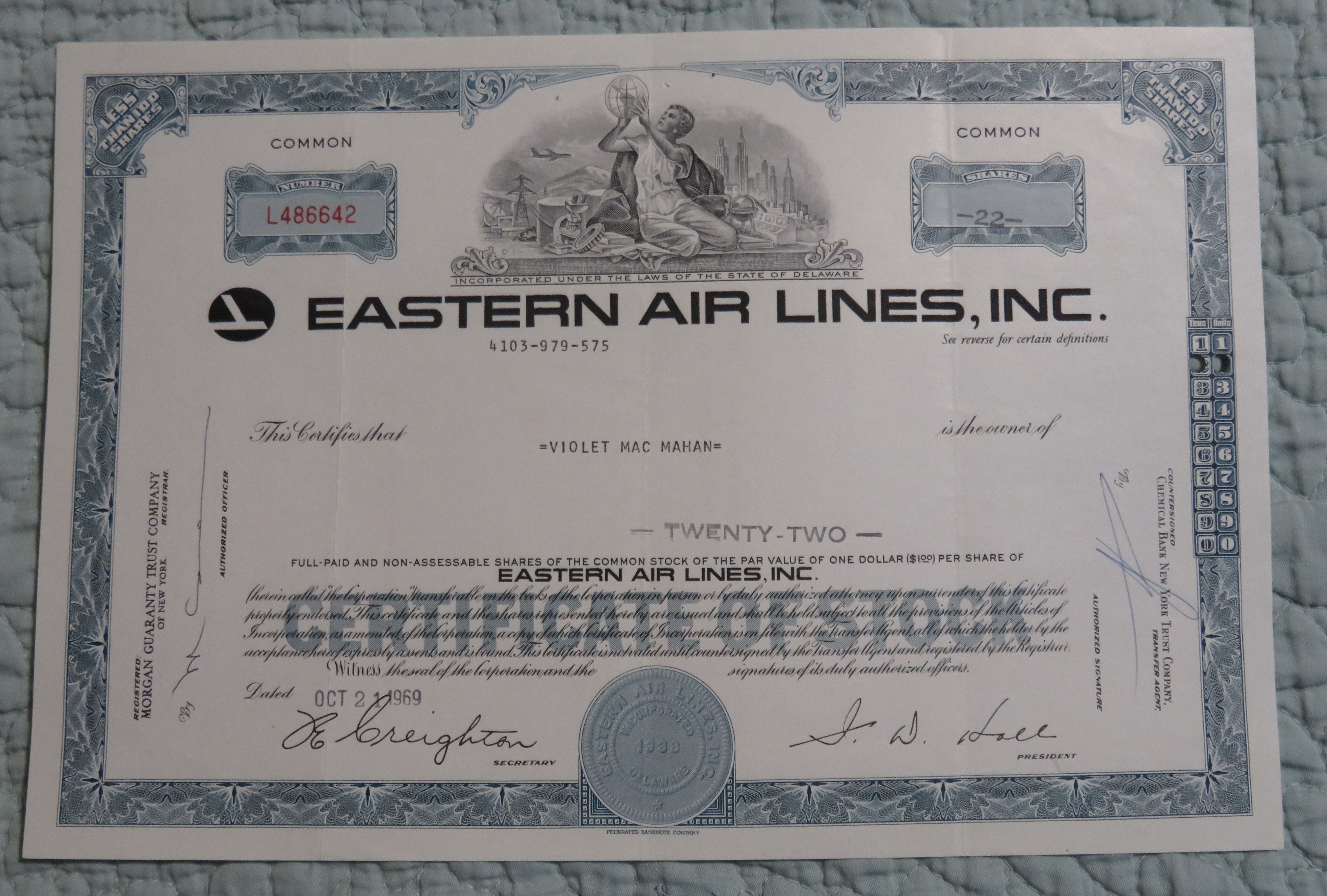 1969 Eastern Air Lines Inc Stock Certificate