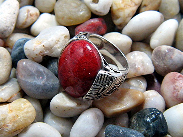 Sterling Silver  Sponge Red  Coral Ring Thailand