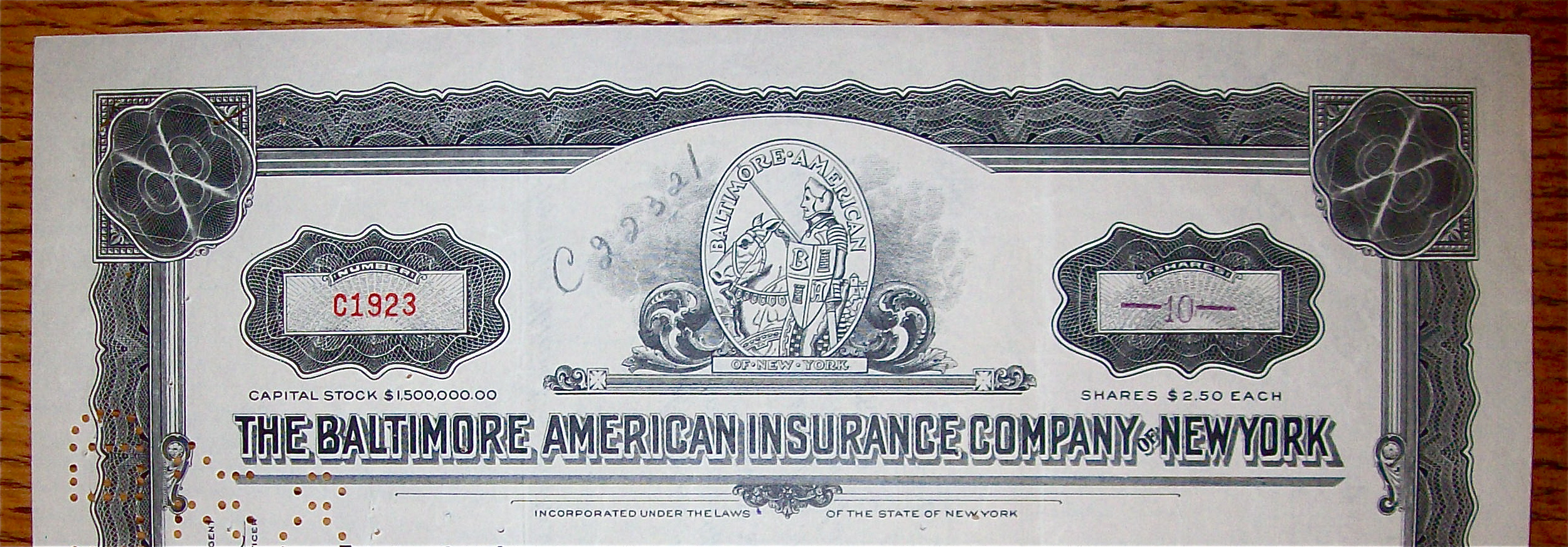 1937 Baltimore American Insurance Co Of New York Stock