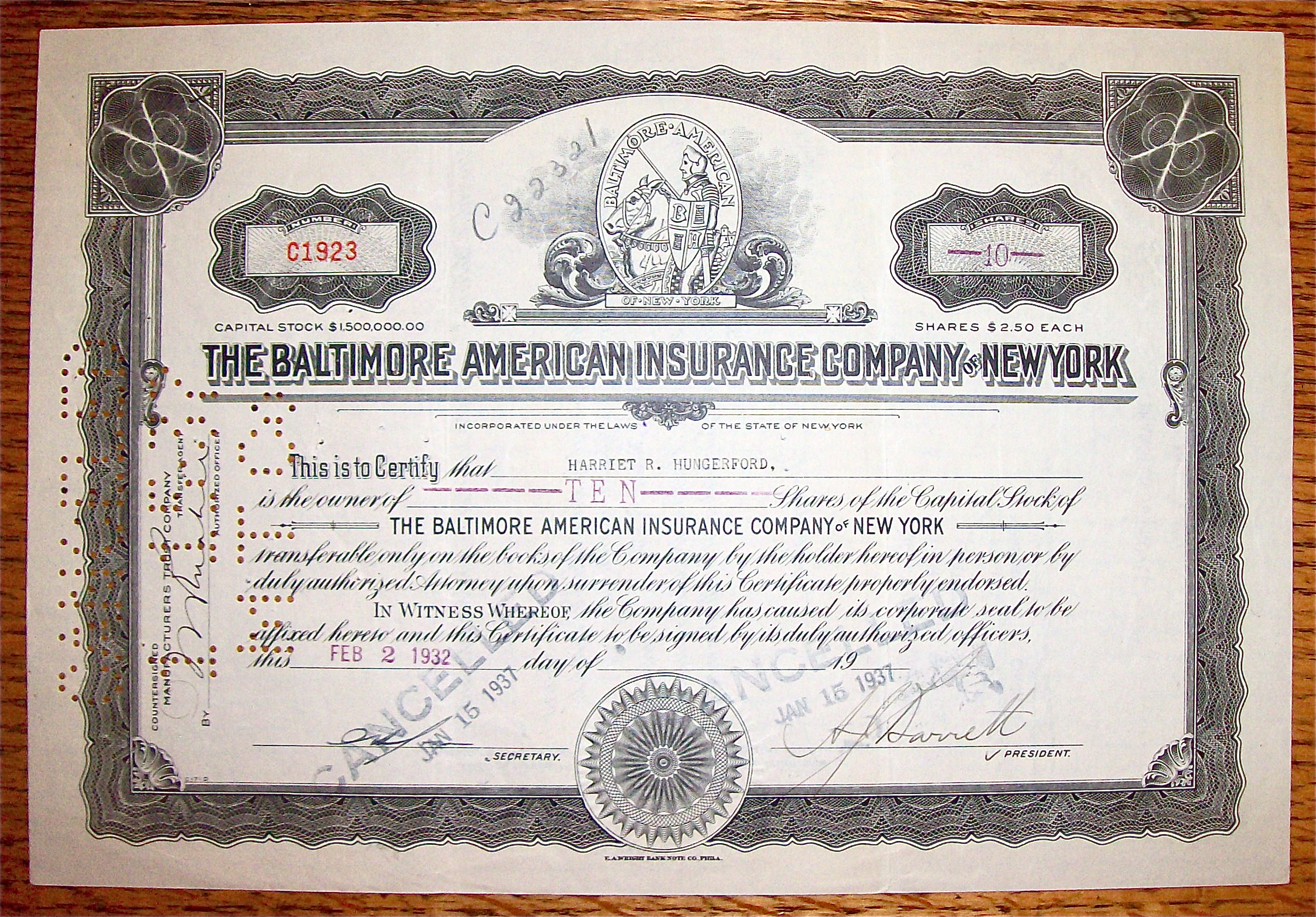 1937 Baltimore American Insurance Co Of New York Stock