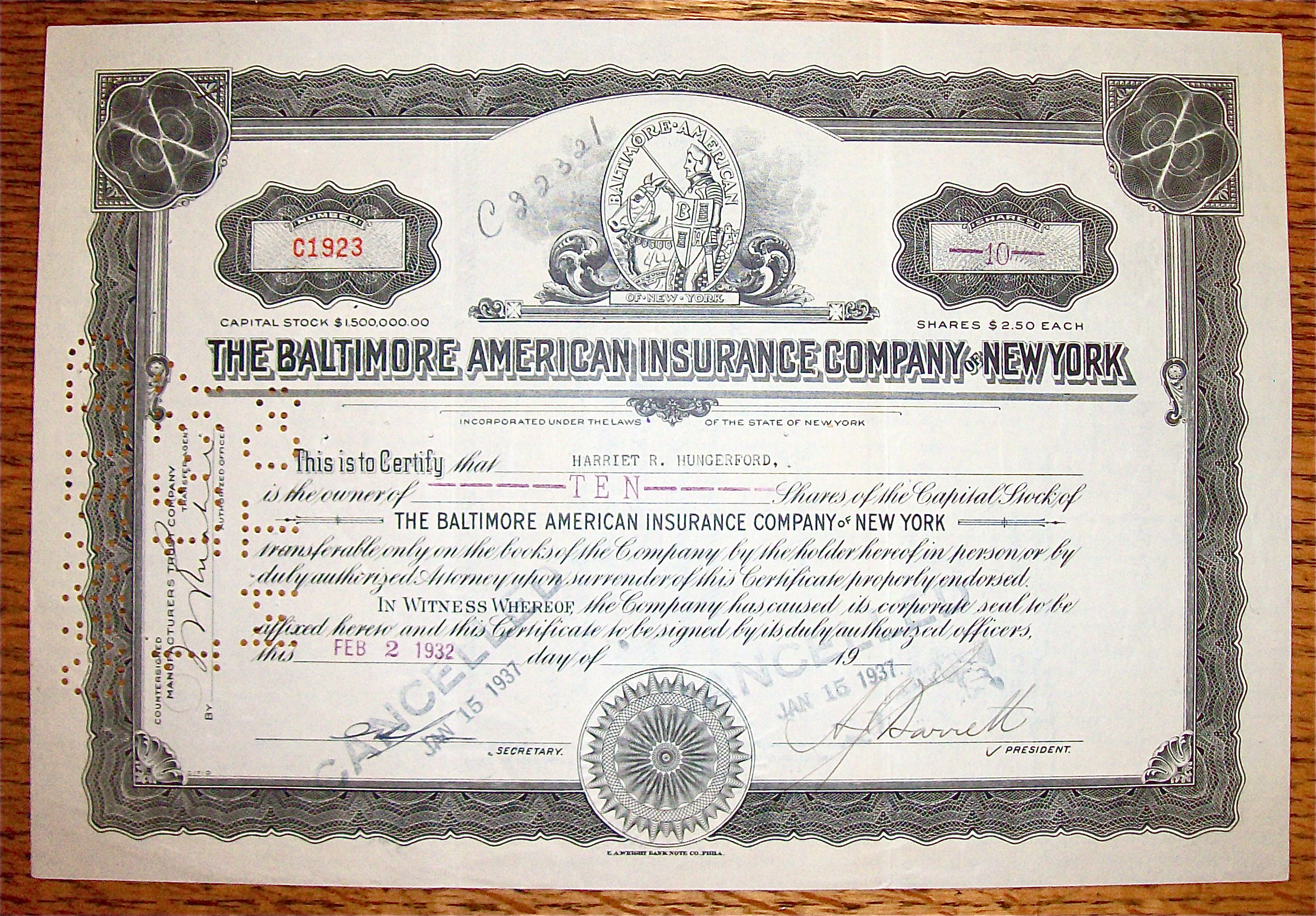 1937 Baltimore American Insurance Co Of New York Stock