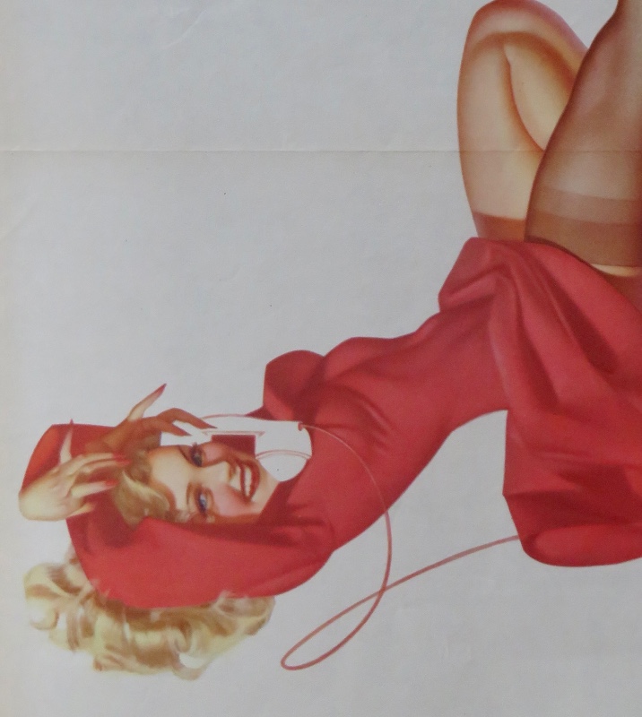 Original 1945 Sexy Pin Up Girl Wearing A Red Dress While Laying On Her Back While On The Telephone By George Petty