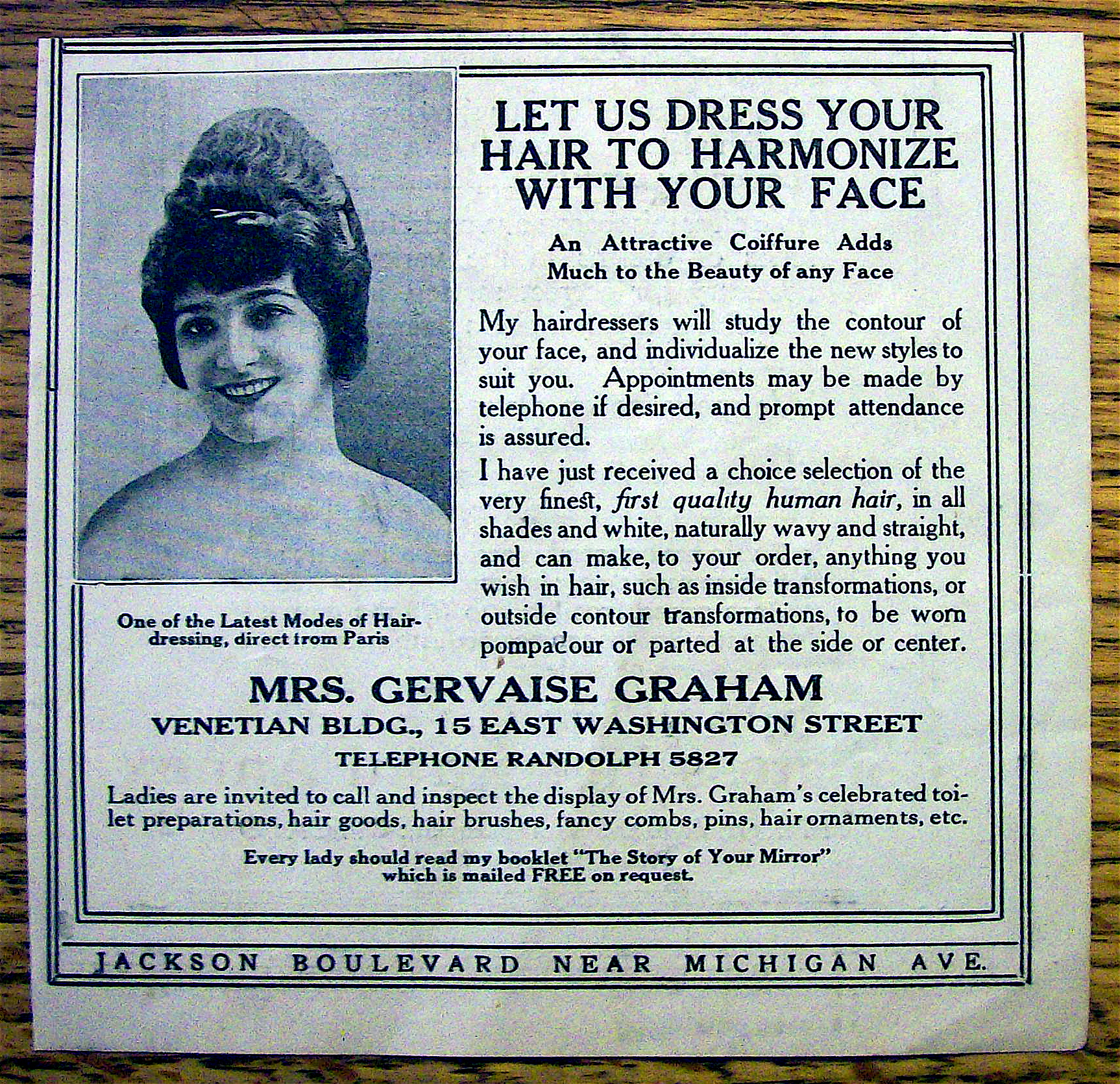 1913 Mrs. Gervaise Graham with Let Us Dress Your Hair