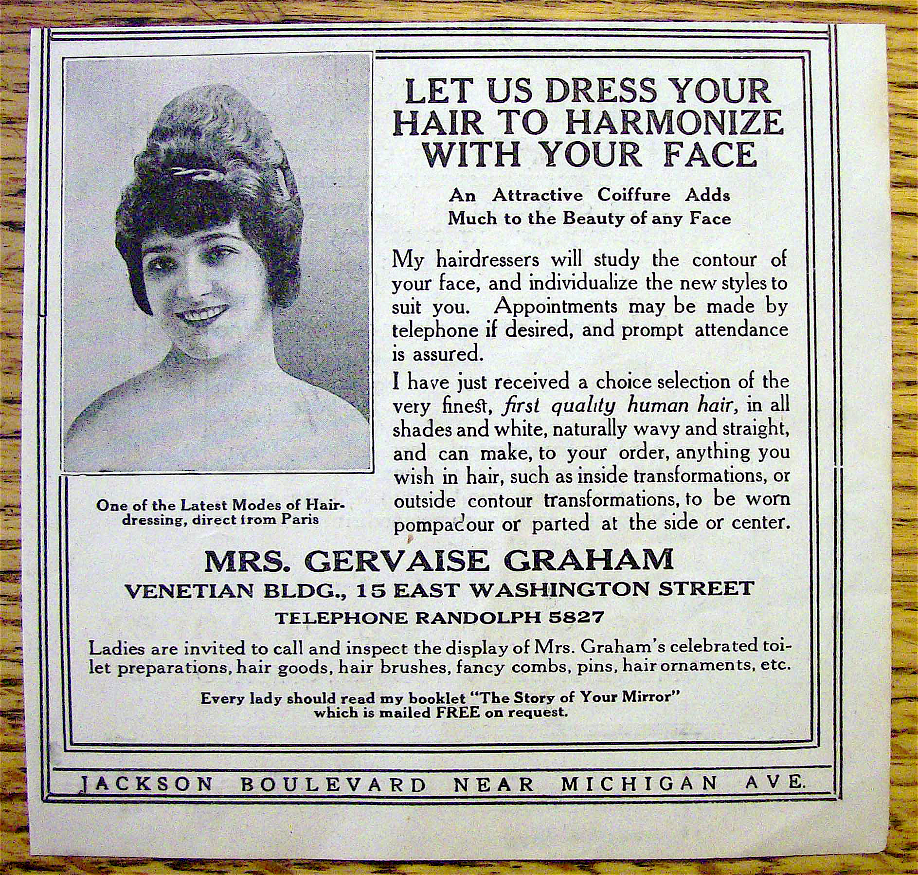 1913 Mrs. Gervaise Graham with Let Us Dress Your Hair