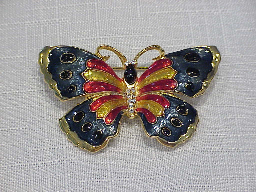 Multicolored Enamel And Rhinestone Butterfly Brooch
