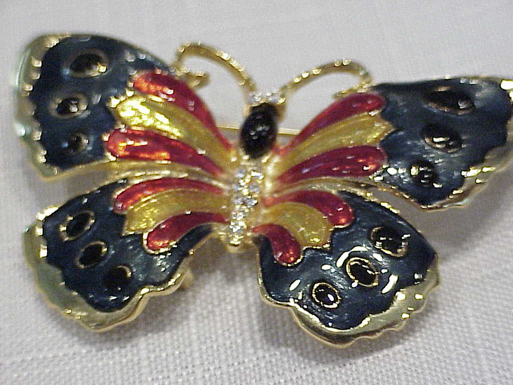Multicolored Enamel And Rhinestone Butterfly Brooch