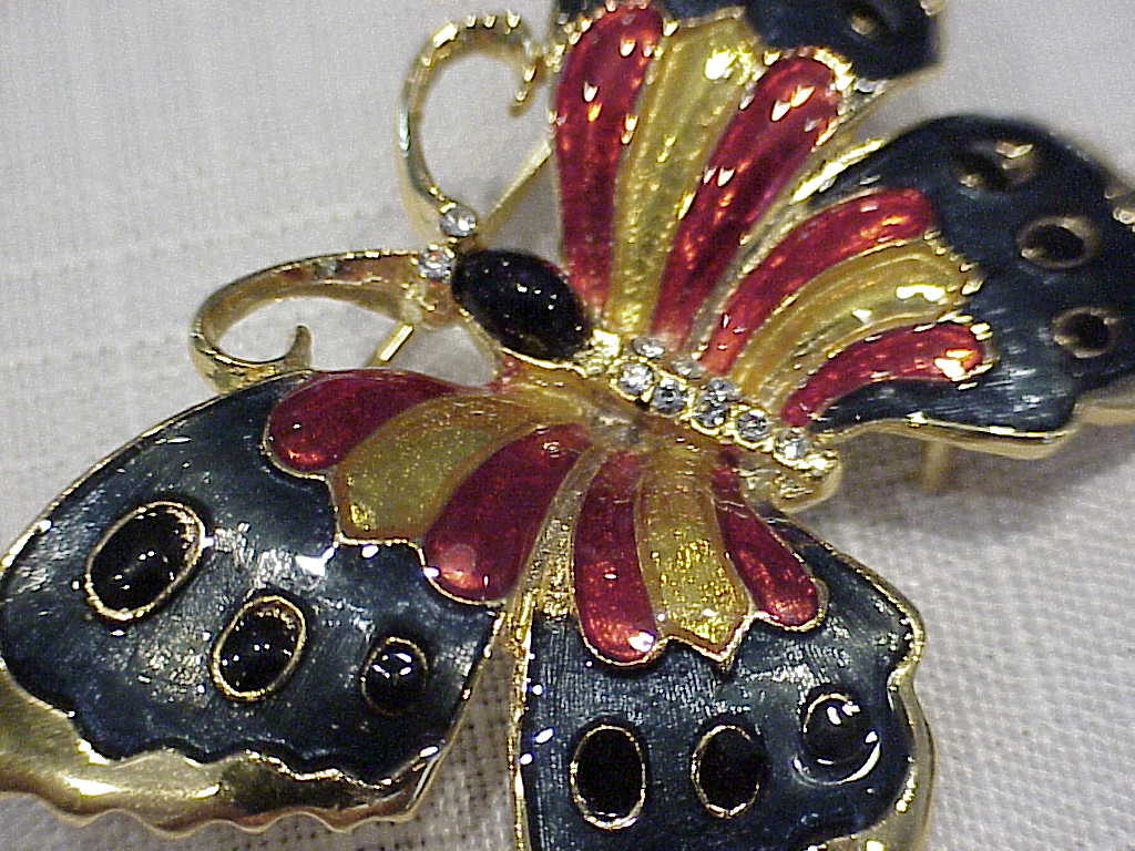 Multicolored Enamel And Rhinestone Butterfly Brooch