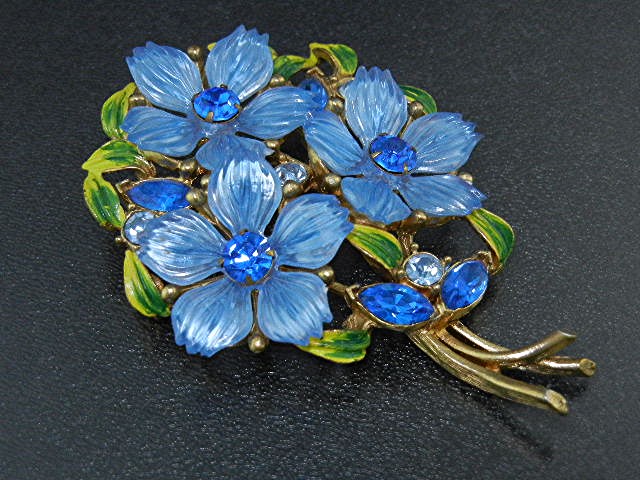 Enamel Blue Green Crystal Flower Bouquet Brooch
