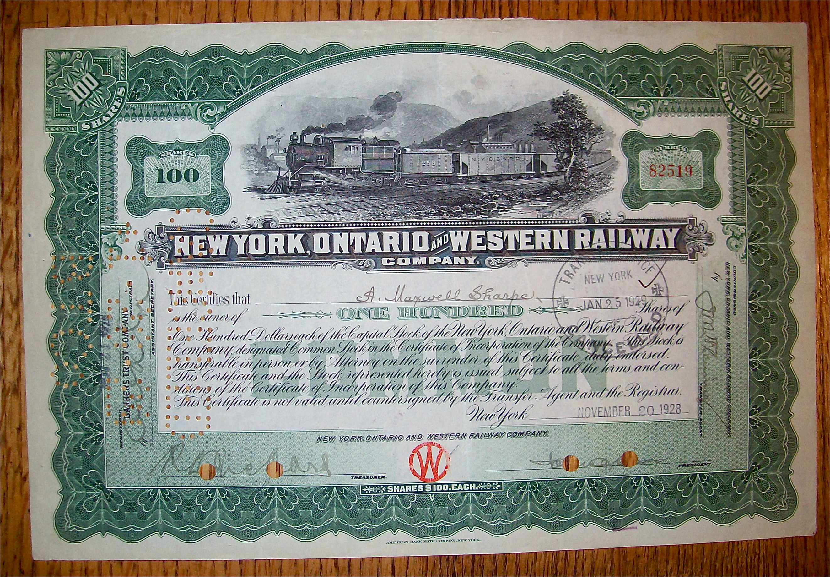 1928 New York, Ontario & Western Railway 100 Shares