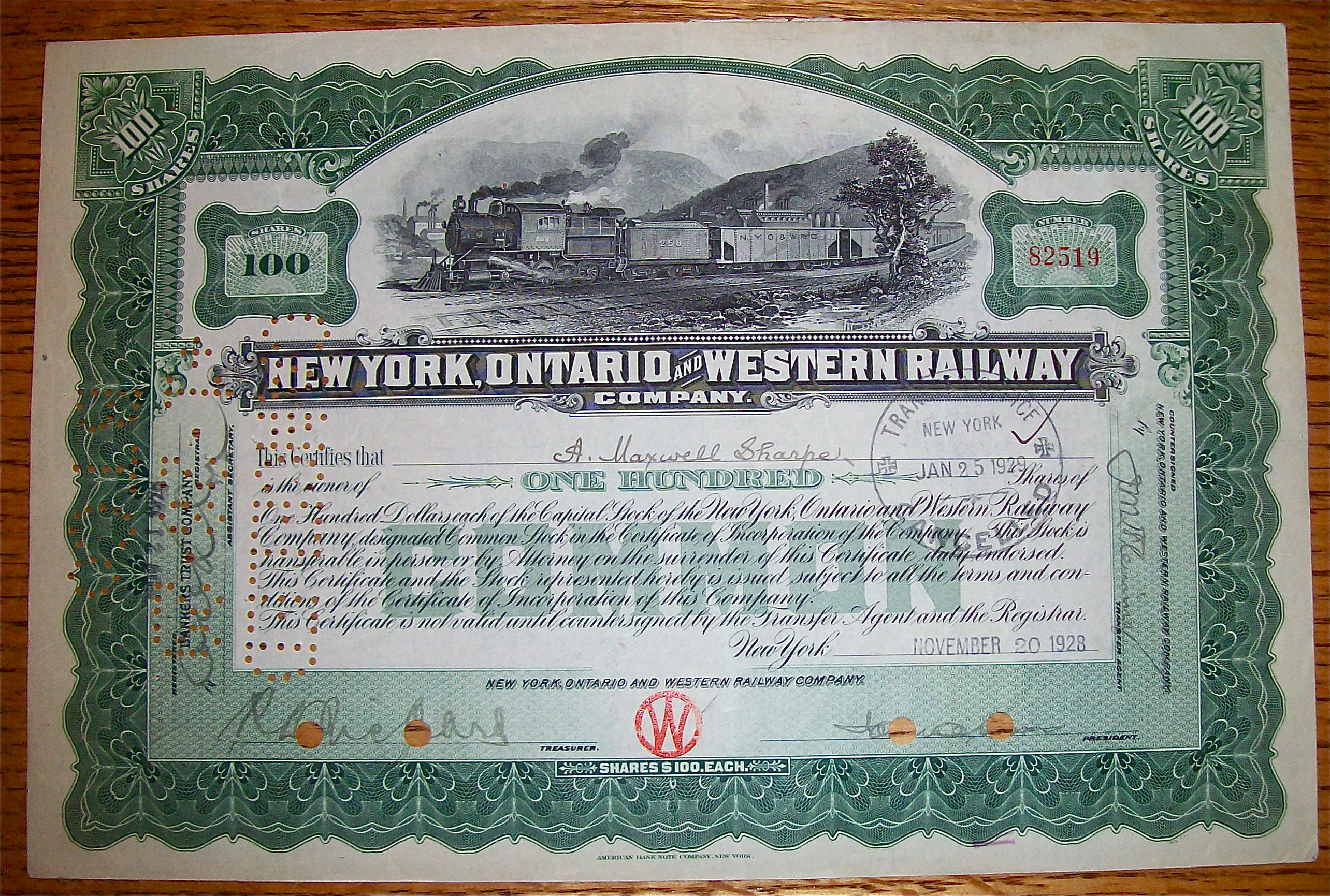 1928 New York, Ontario & Western Railway 100 Shares