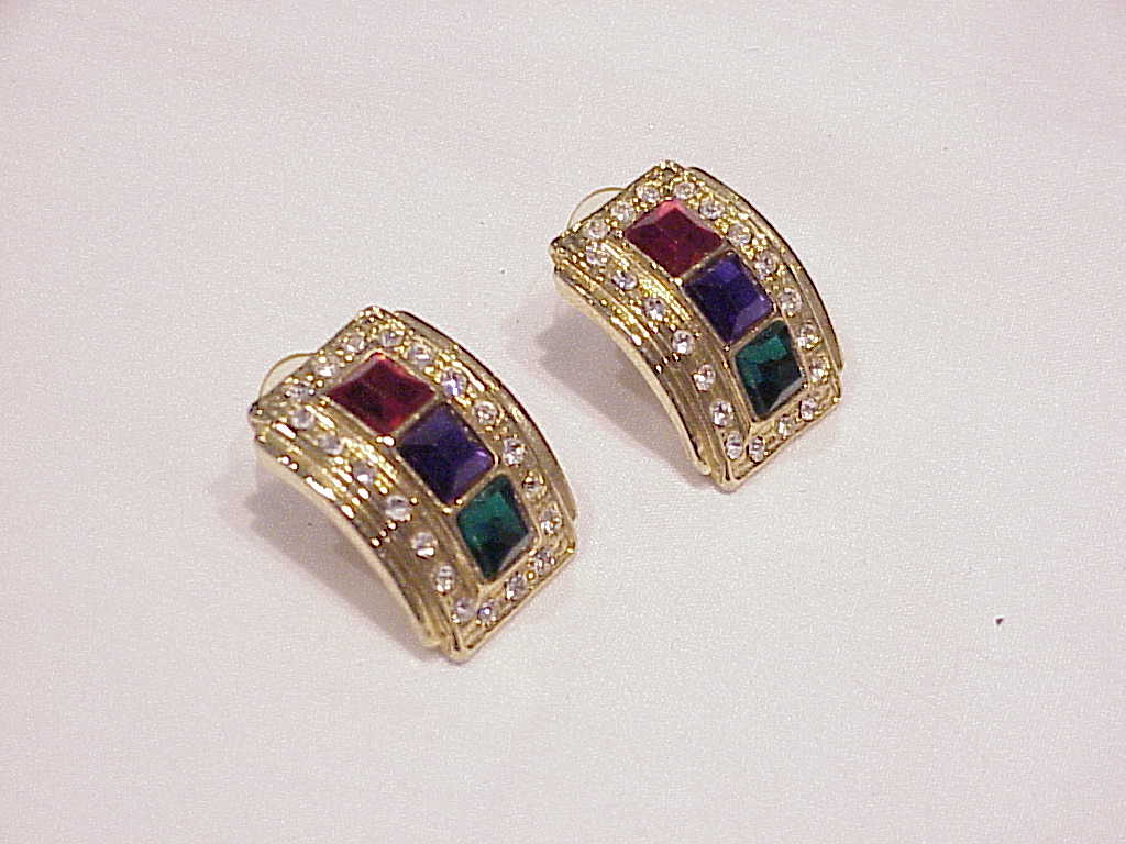 Blue, Green , Red And Clear Rhinestone Pierced Earrings
