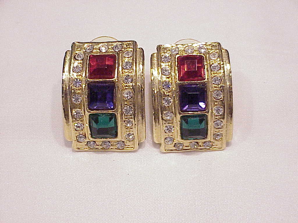 Blue, Green , Red And Clear Rhinestone Pierced Earrings
