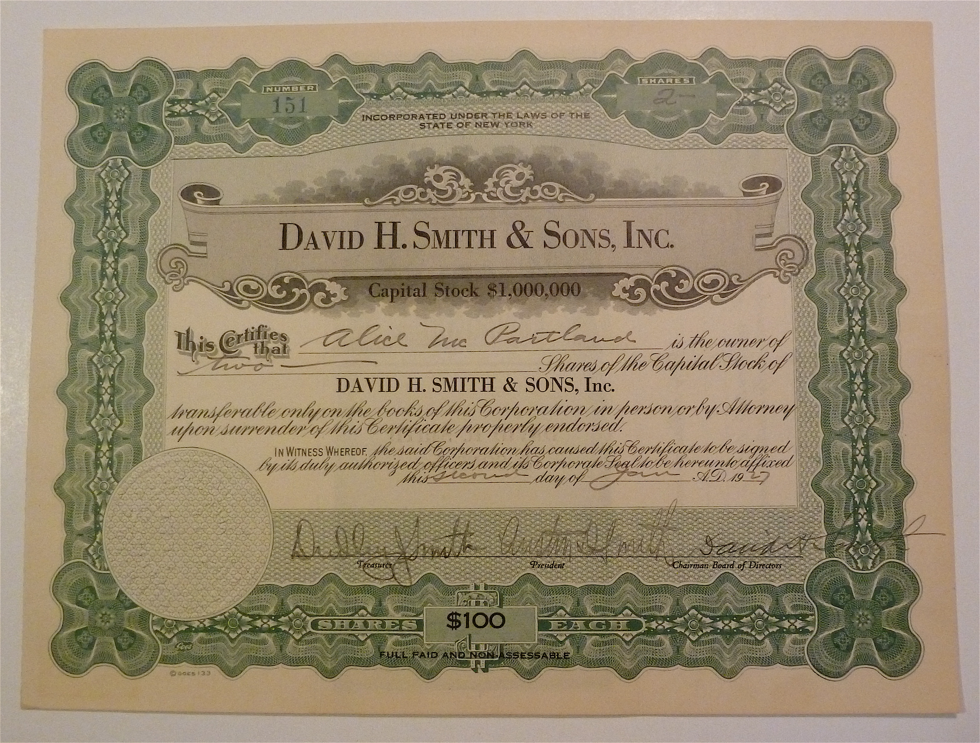 1927 David H. Smith & Sons Inc. Stock Certificate