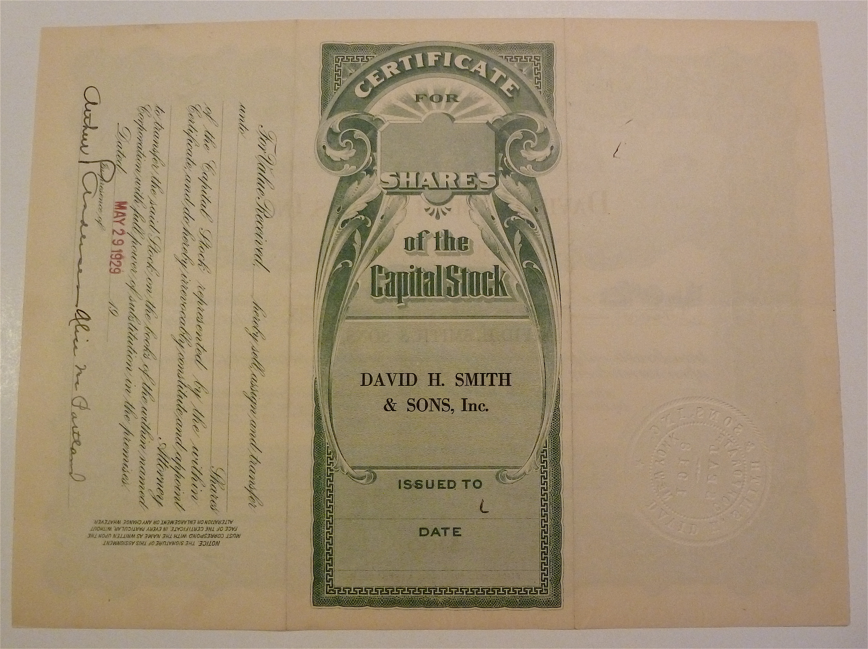 1927 David H. Smith & Sons Inc. Stock Certificate