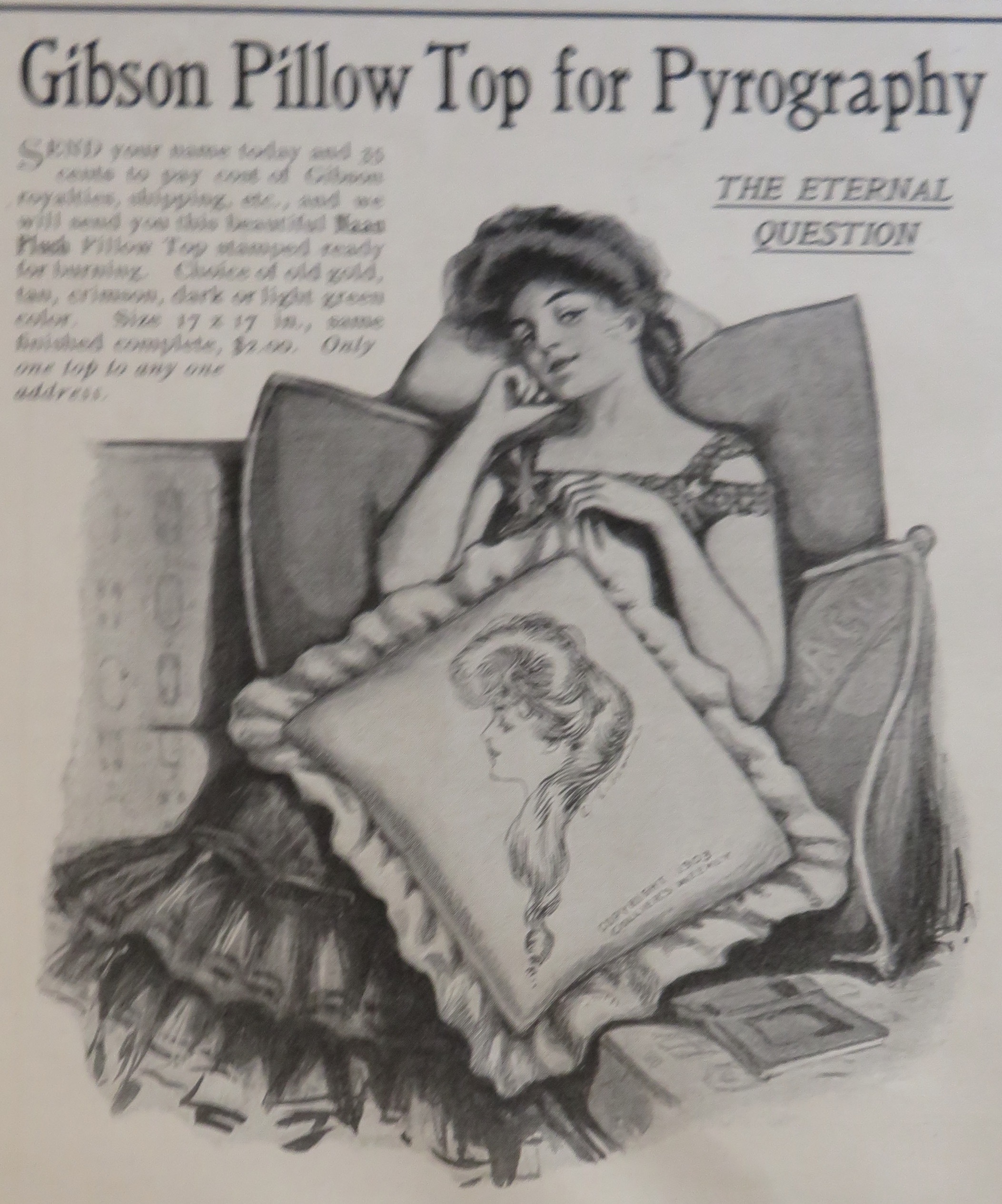 1905 Gibson Pillow Top For Pyrography with Woman