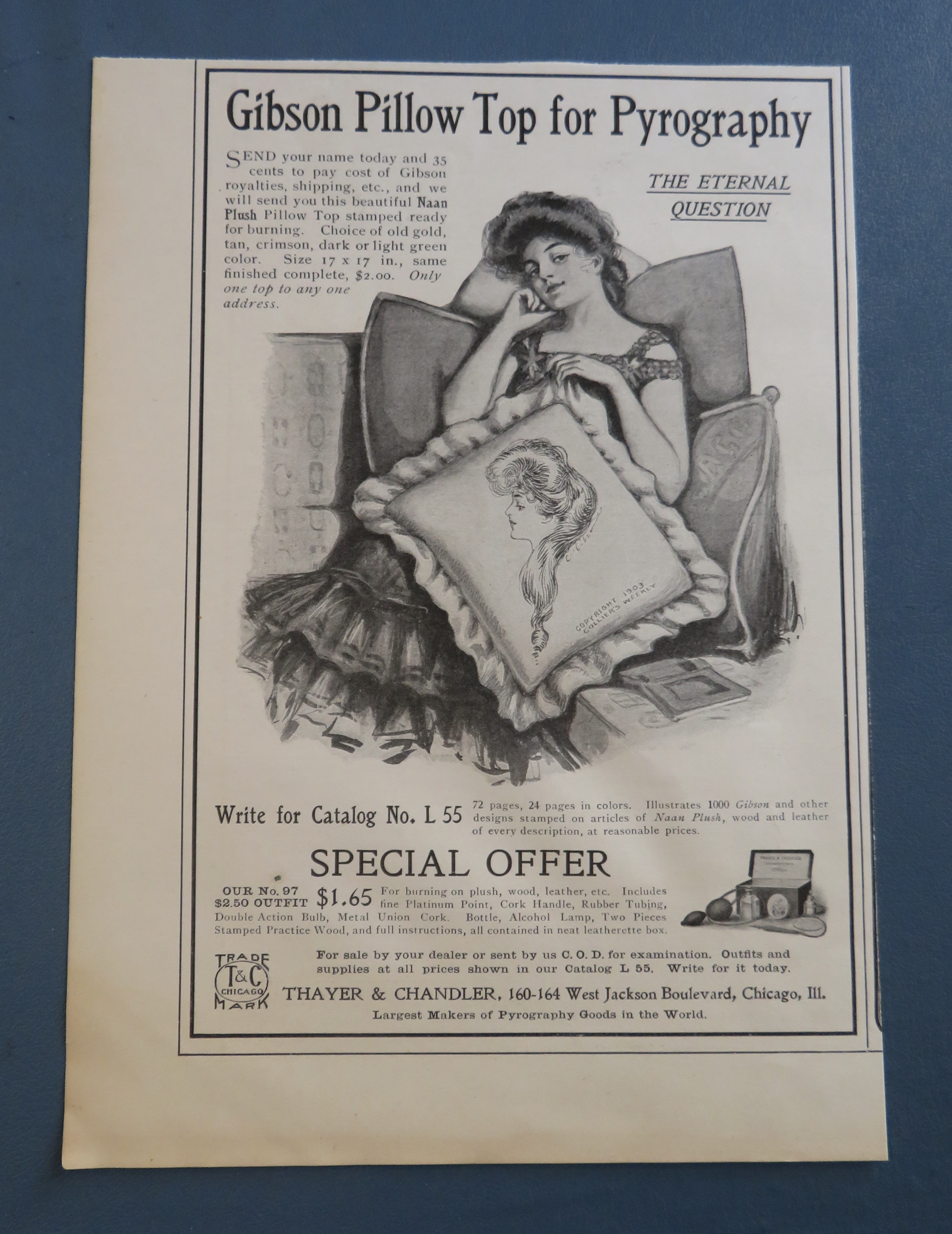 1905 Gibson Pillow Top For Pyrography with Woman