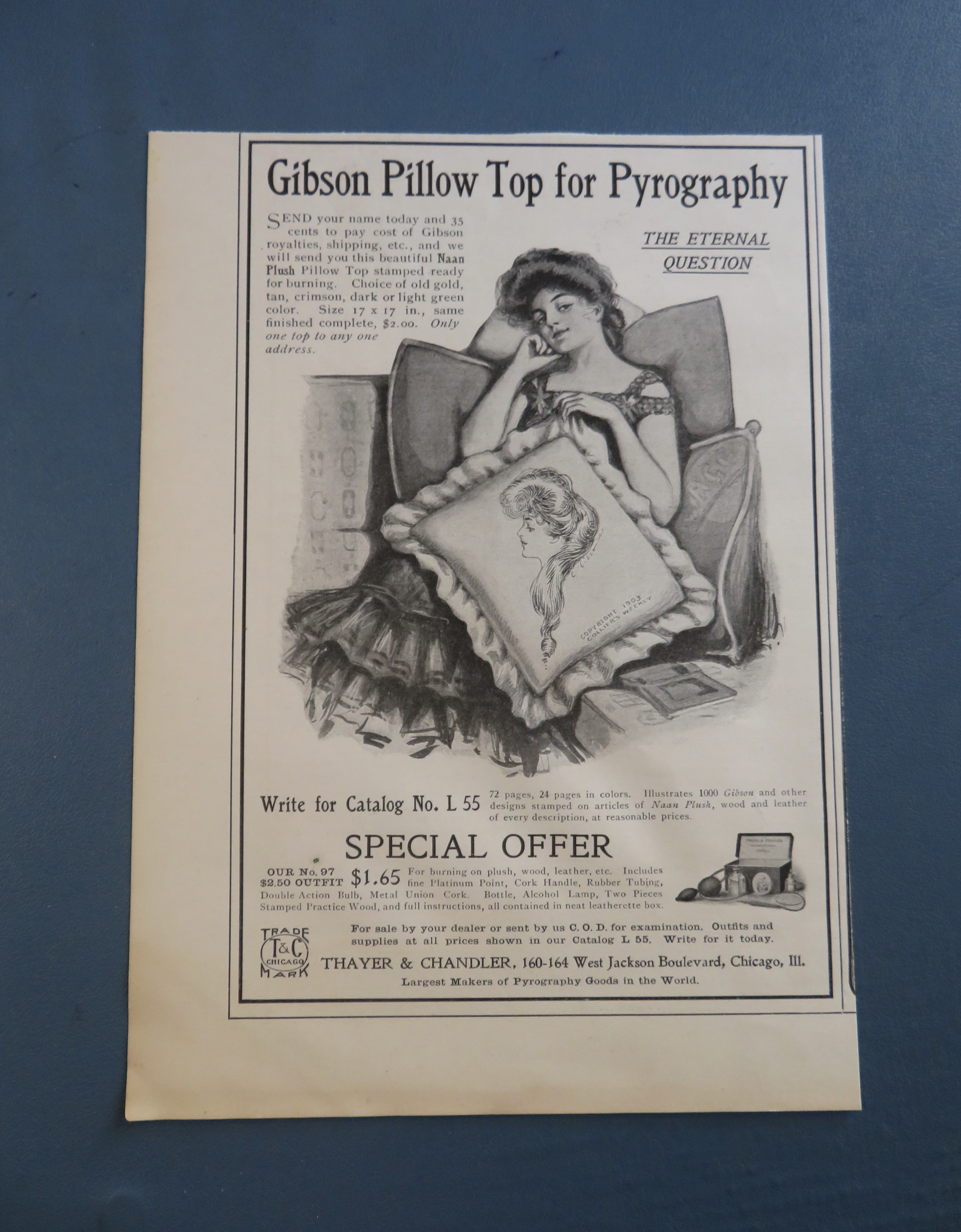 1905 Gibson Pillow Top For Pyrography with Woman