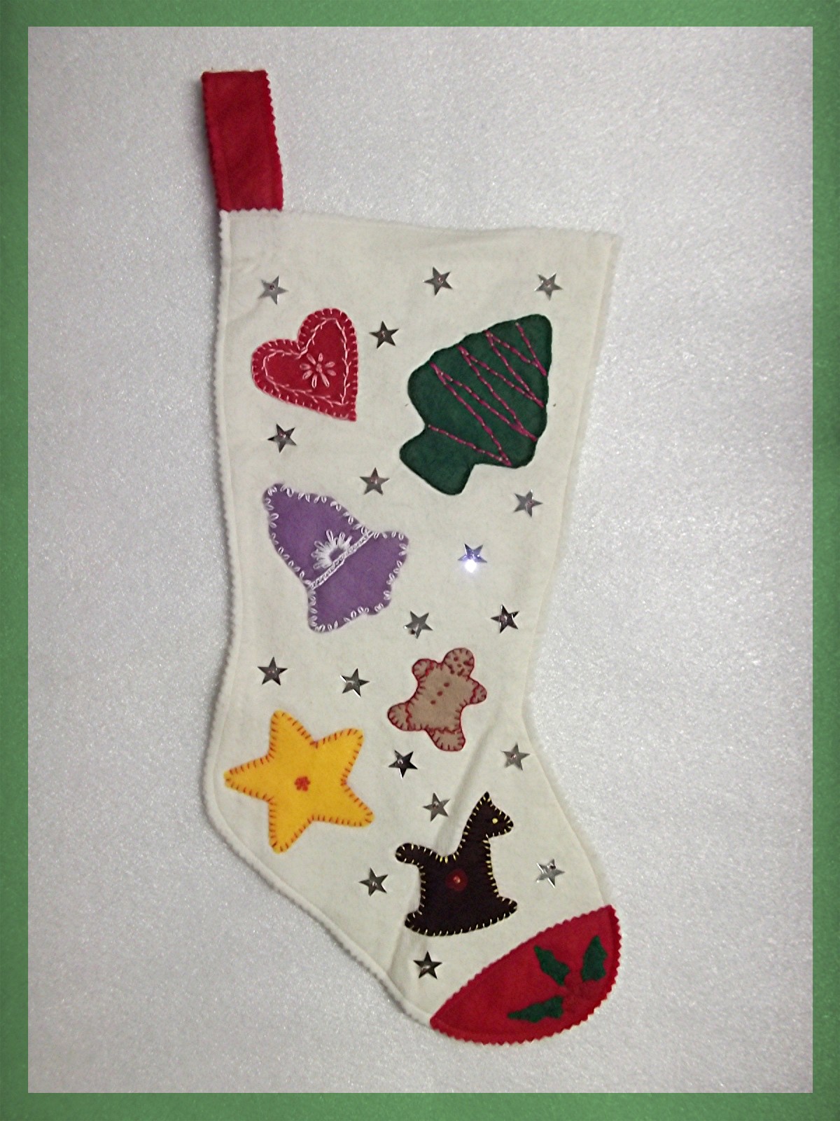 Christmas Stocking White felt with cookie cutouts