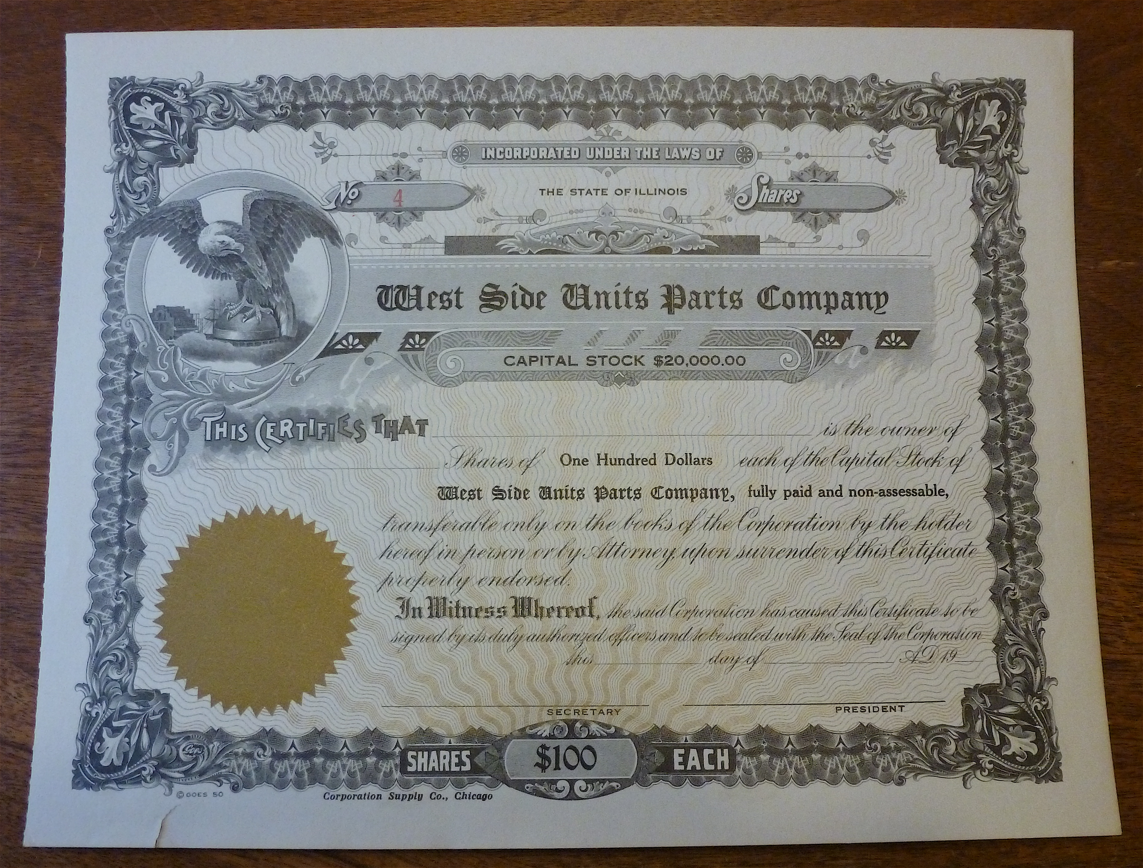 West Side Units Parts Co. Stock Certificate