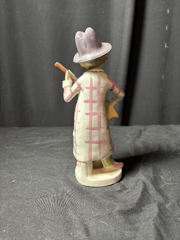 Vintage Ceramic Figurine Boy with Broom and Dog, Purple Hat, 7.5"