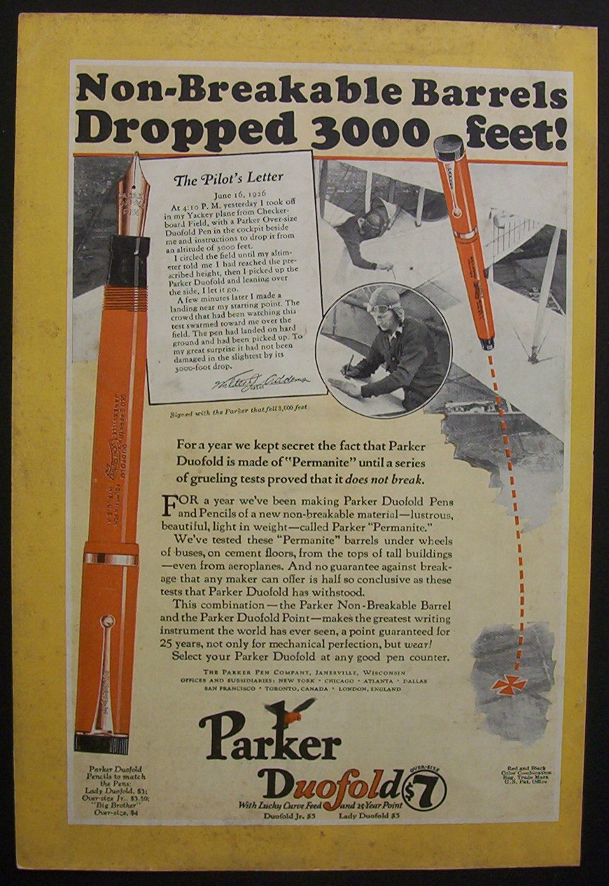 1926 Parker Duofold Pens with Non Breakable Barrels