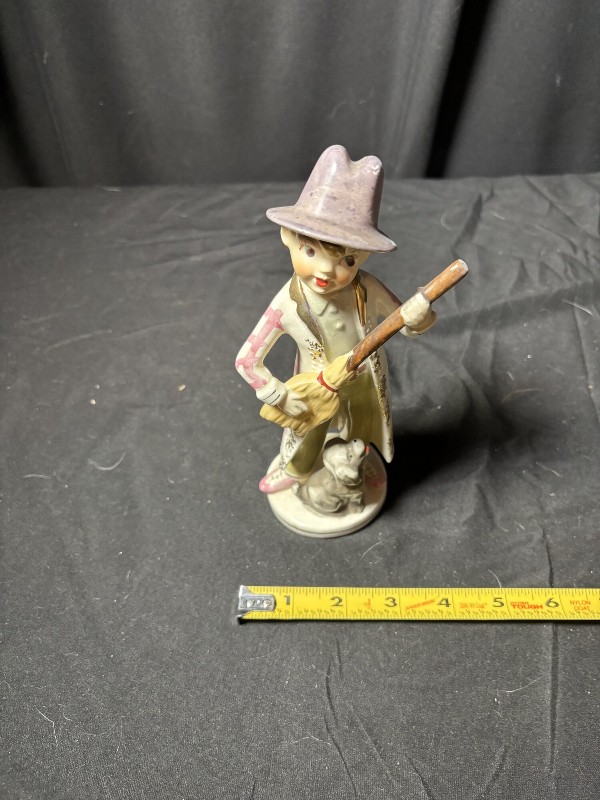 Vintage Ceramic Figurine Boy with Broom and Dog, Purple Hat, 7.5"