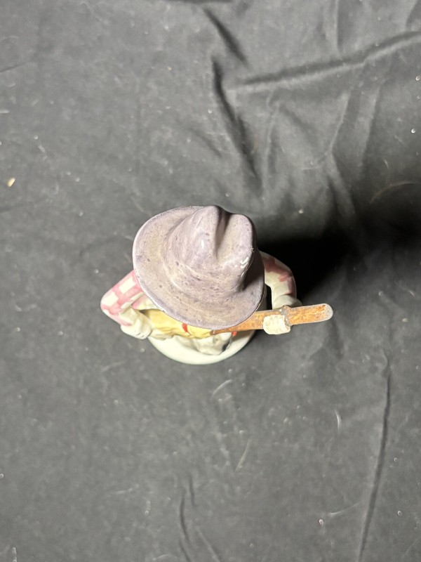 Vintage Ceramic Figurine Boy with Broom and Dog, Purple Hat, 7.5"