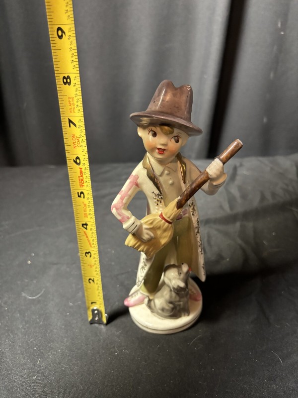 Vintage Ceramic Figurine Boy with Broom and Dog, Purple Hat, 7.5"