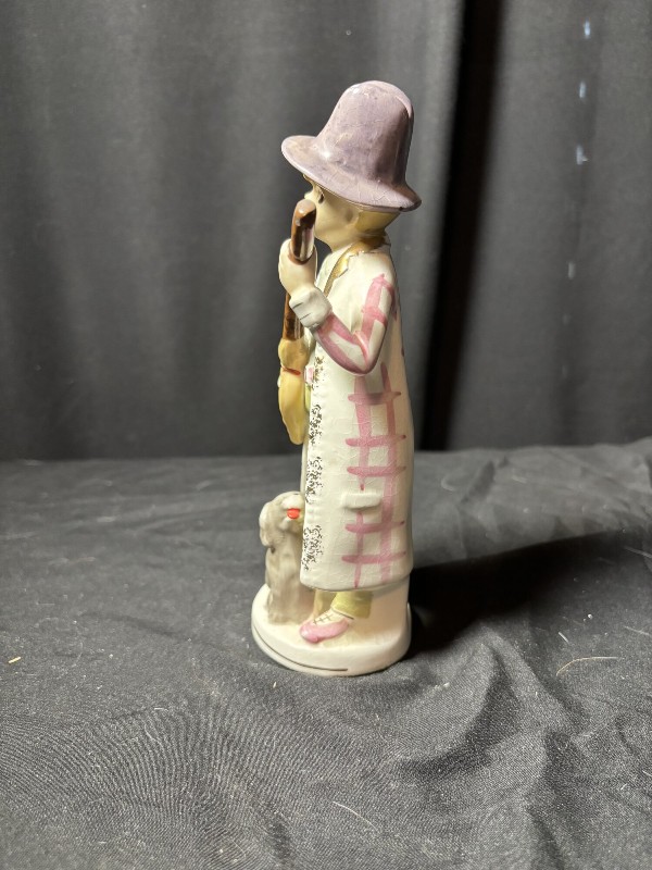 Vintage Ceramic Figurine Boy with Broom and Dog, Purple Hat, 7.5"