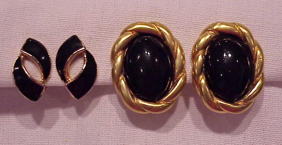 2 Pair Of Black And Gold Tone Clip Earrings