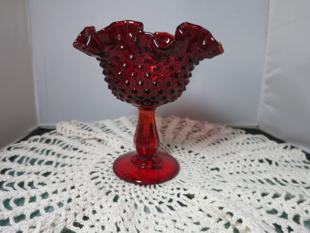 Fenton Art Glass Hobnail Footed Compote with crimped ruffled rim