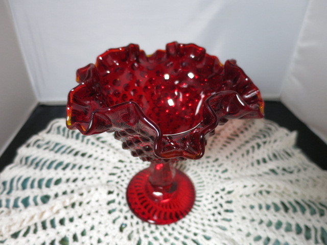 Fenton Art Glass Hobnail Footed Compote with crimped ruffled rim