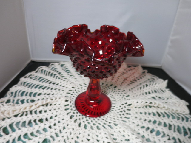 Fenton Art Glass Hobnail Footed Compote with crimped ruffled rim