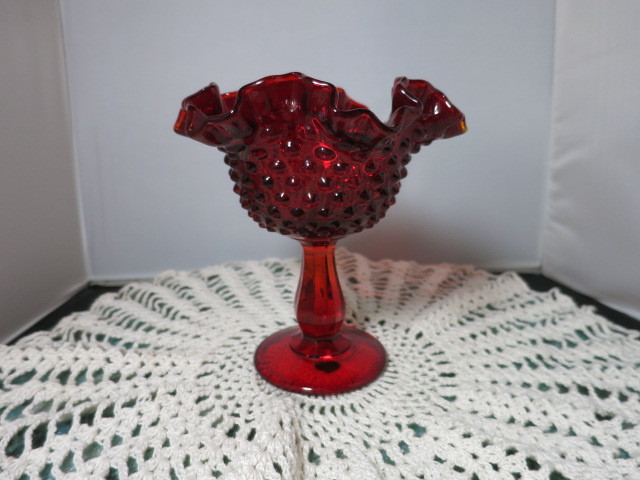 Fenton Art Glass Hobnail Footed Compote with crimped ruffled rim
