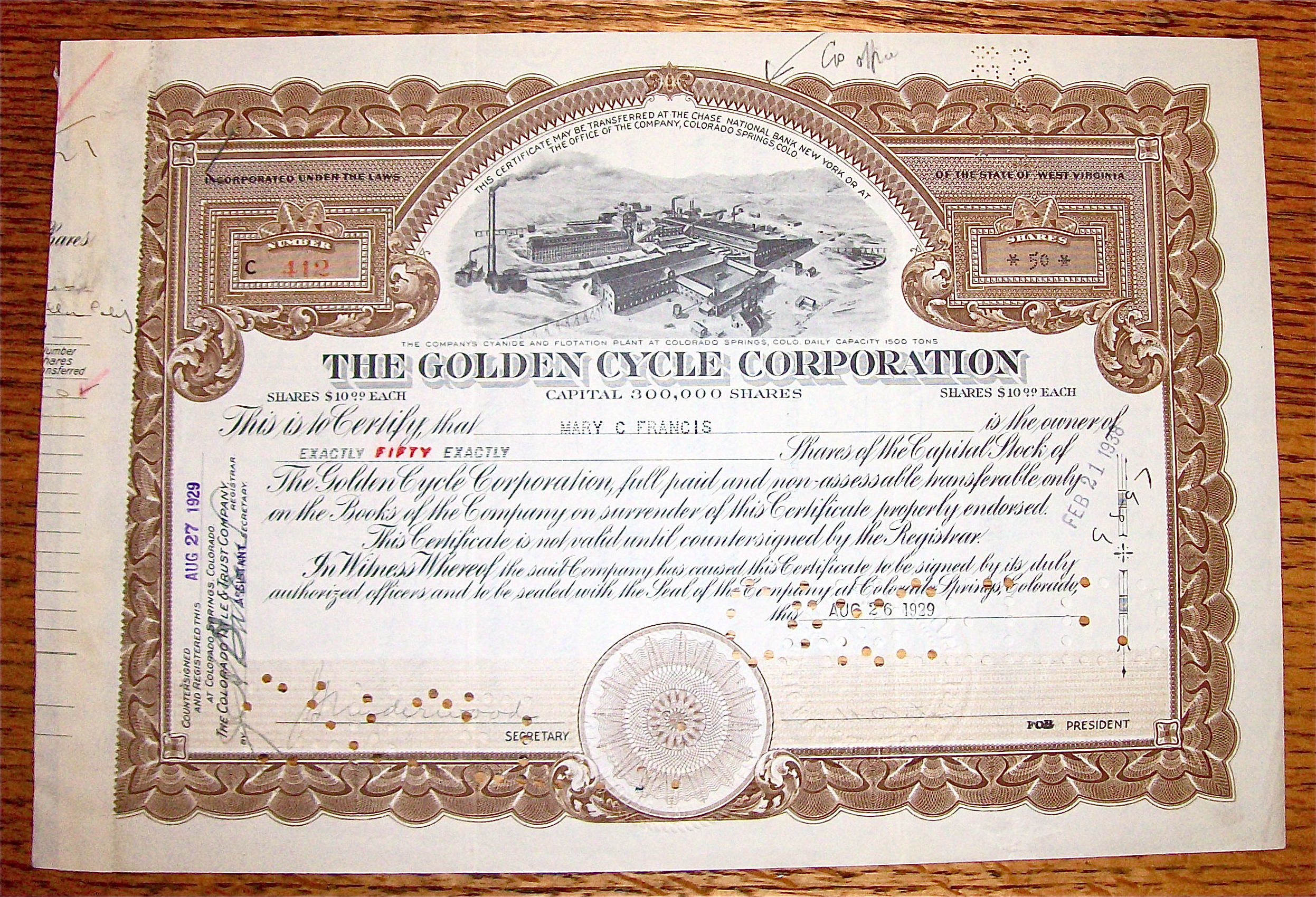 1929 Golden Cycle Corporation Stock Certificate