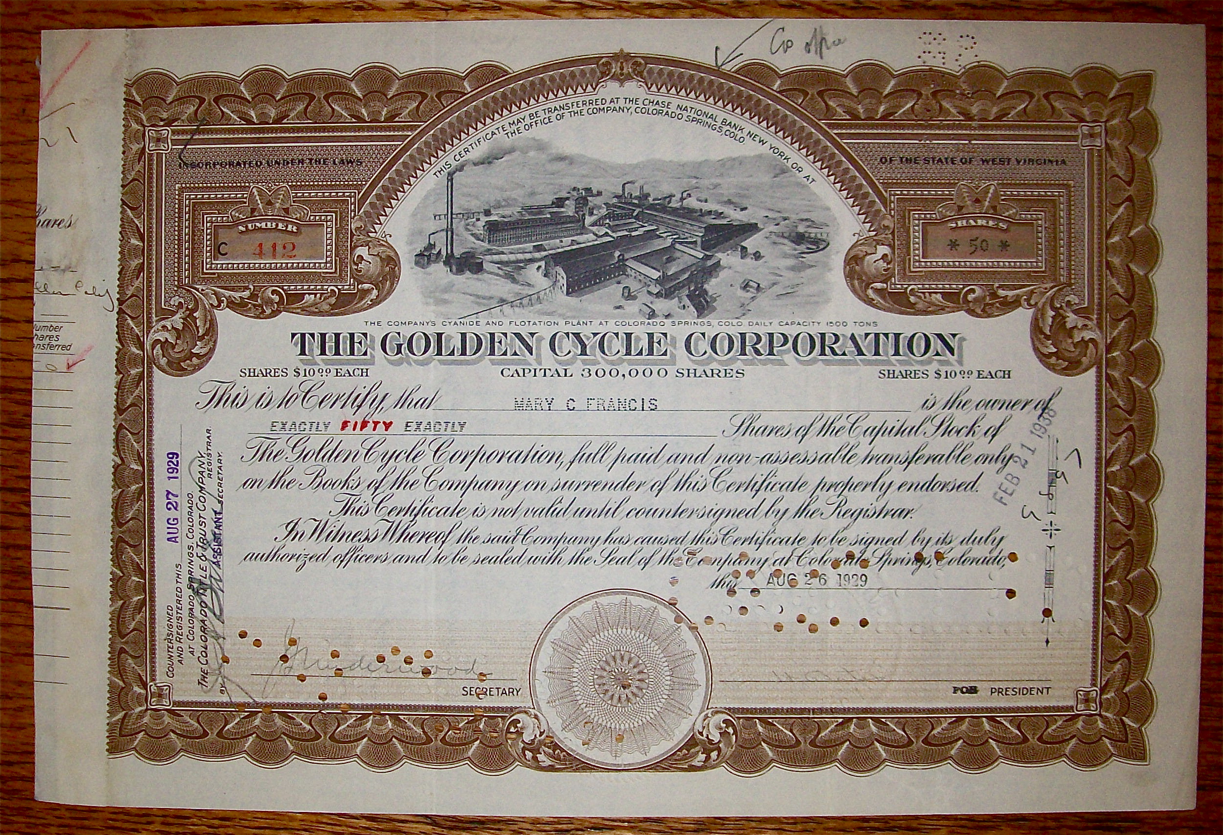 1929 Golden Cycle Corporation Stock Certificate