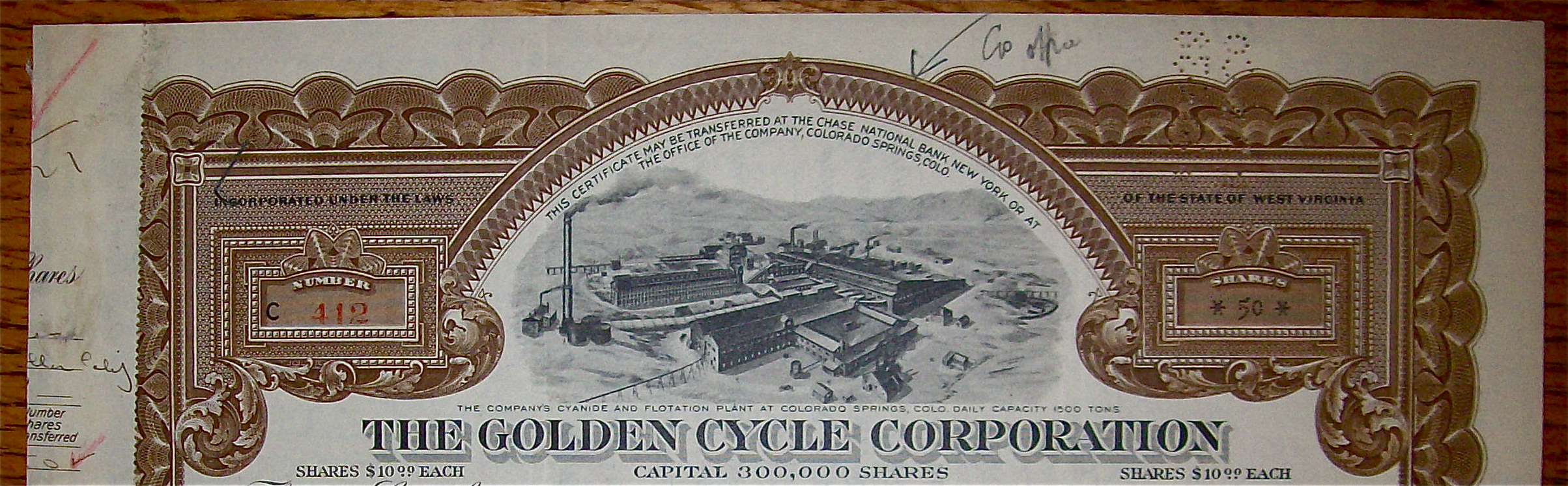 1929 Golden Cycle Corporation Stock Certificate