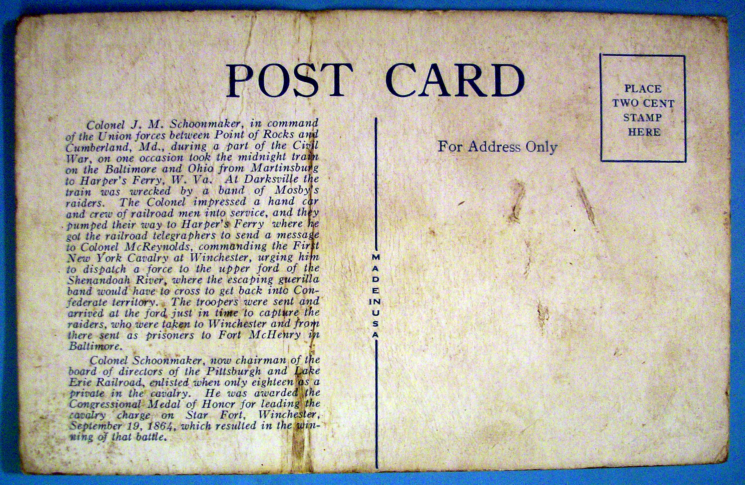 Colonel Schoomaker Postcard (Baltimore & Ohio)