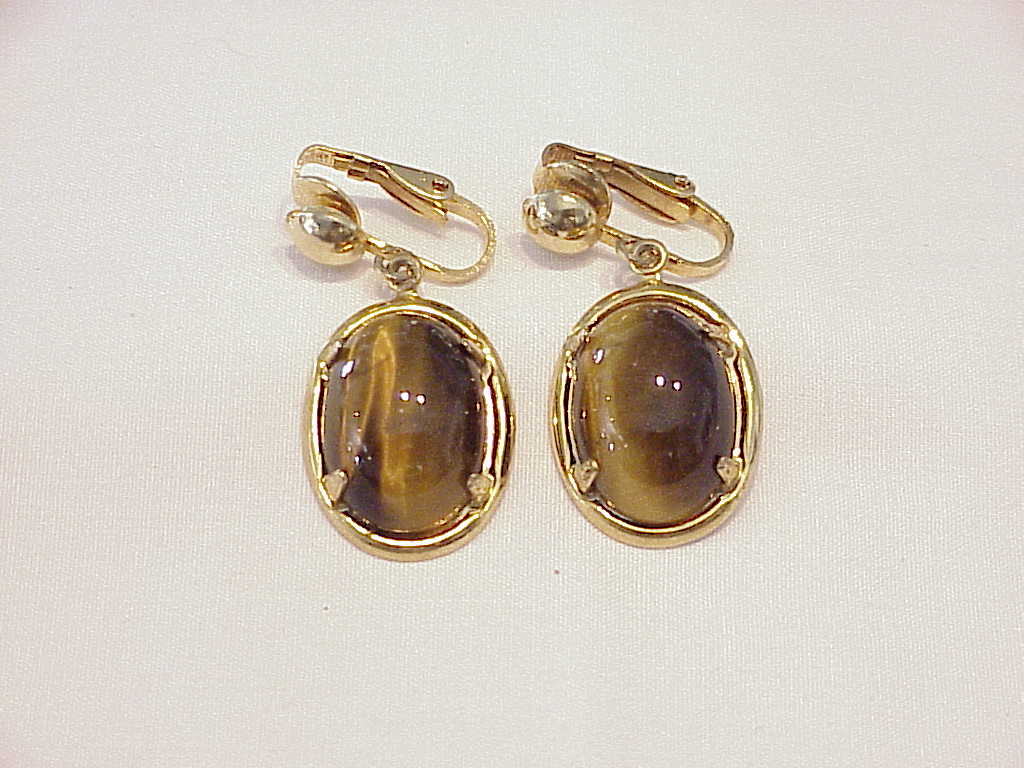 Vintage Dangling Tiger Eye Cabachon Stone Clip Earrings