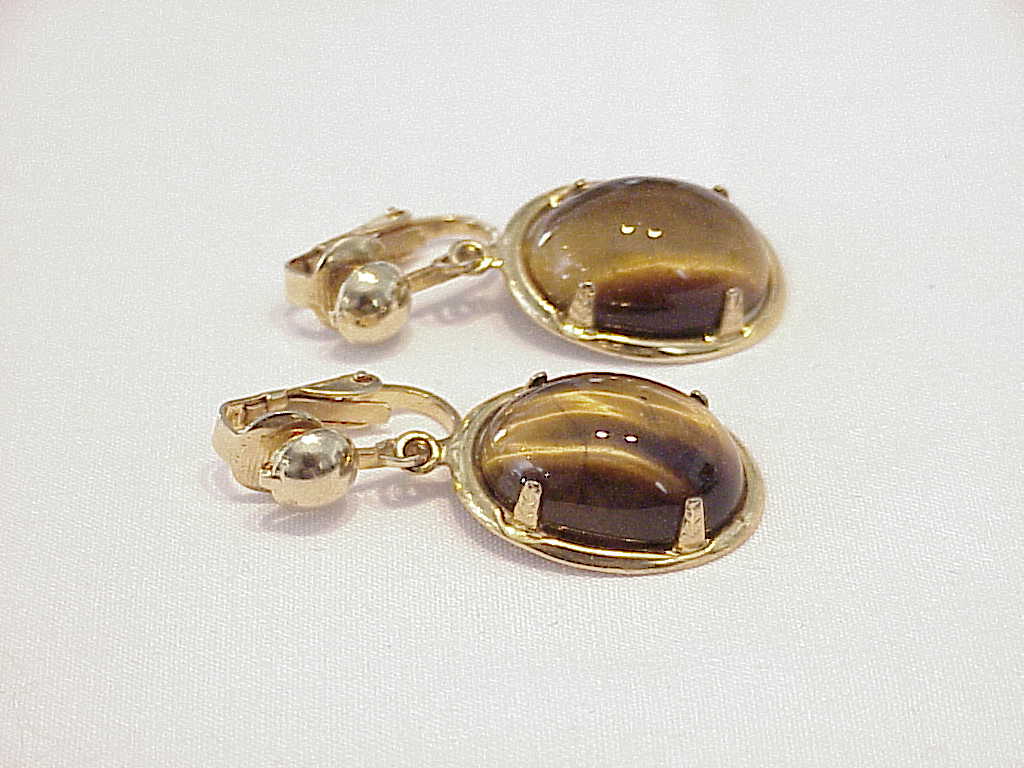 Vintage Dangling Tiger Eye Cabachon Stone Clip Earrings