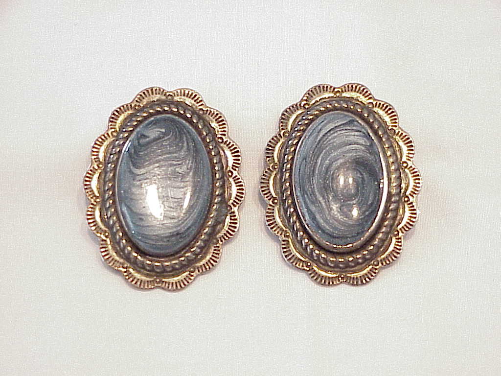 Native American Style Silver Tone Blue Enamel Clip Earrings
