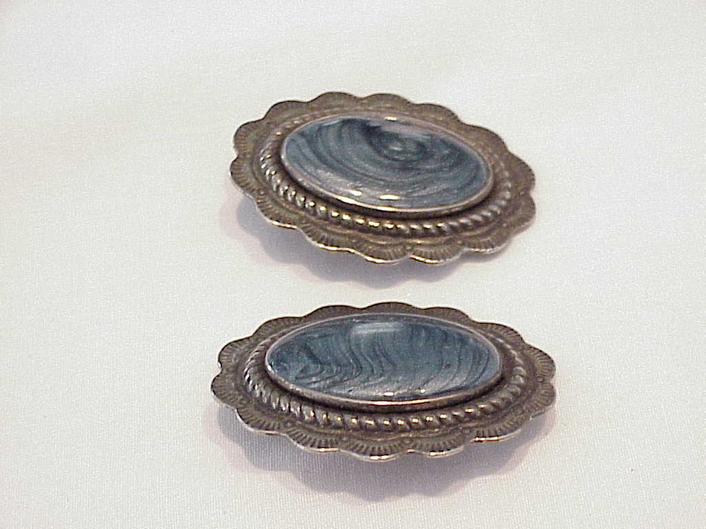 Native American Style Silver Tone Blue Enamel Clip Earrings