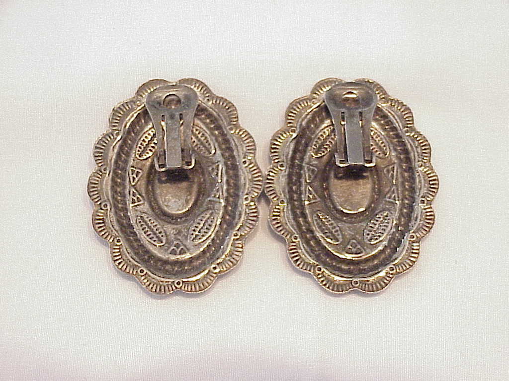Native American Style Silver Tone Blue Enamel Clip Earrings