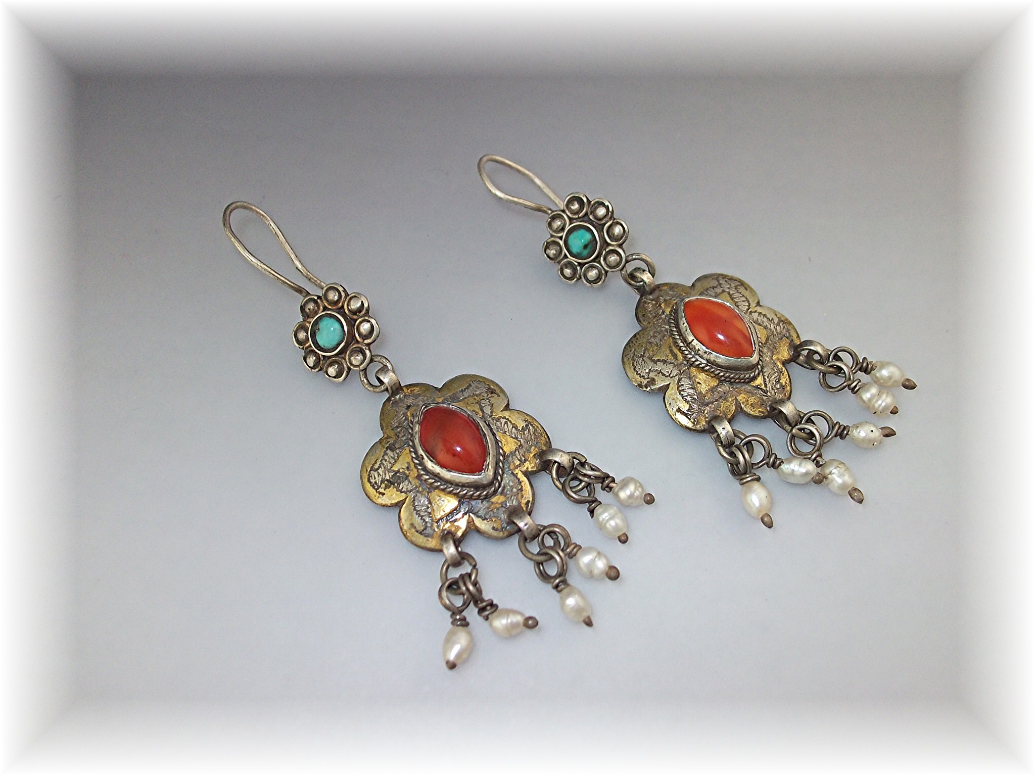 Earrings Silver Seed Pearl Turquoise Carnelian Afghanis