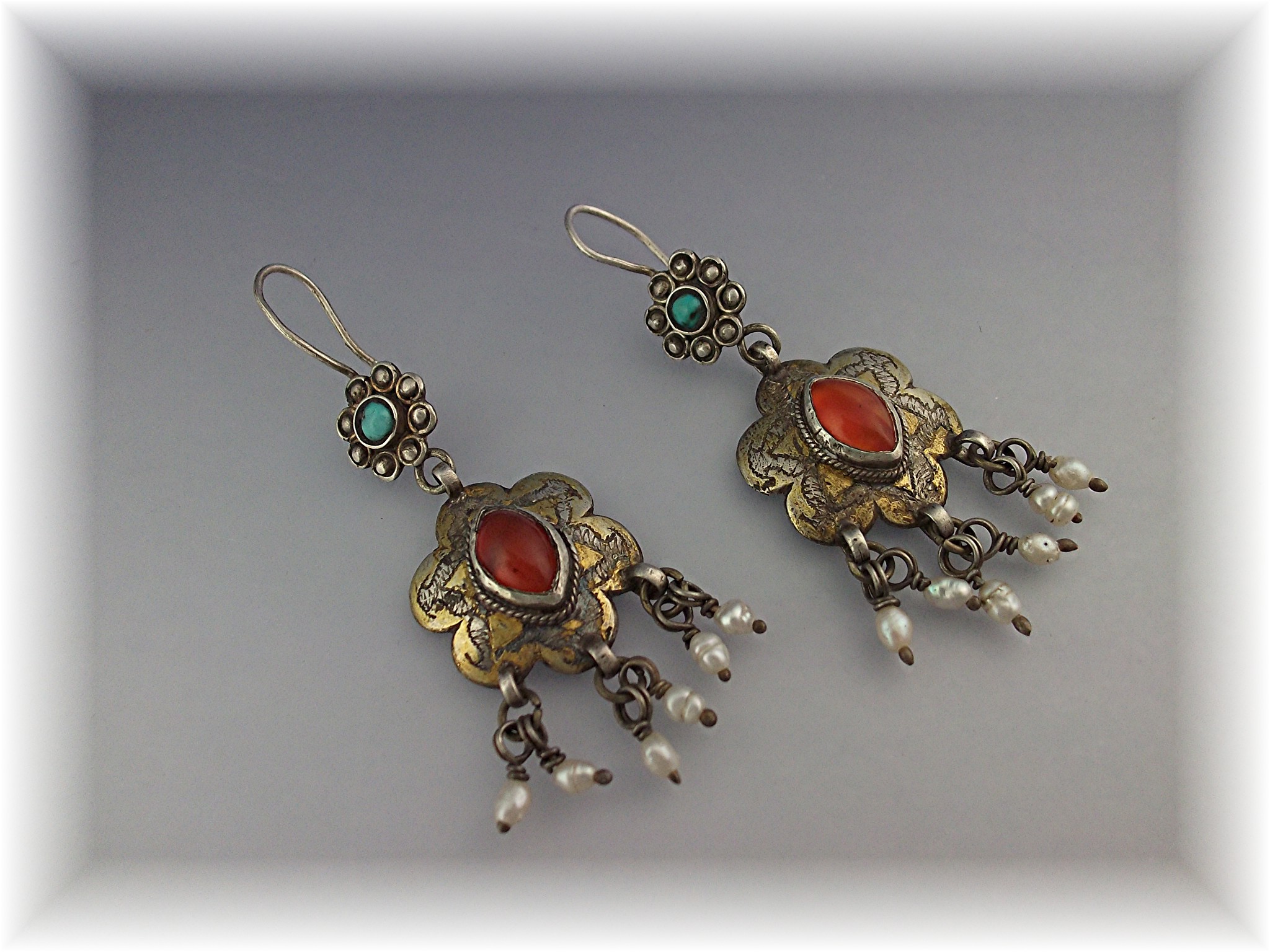 Earrings Silver Seed Pearl Turquoise Carnelian Afghanis