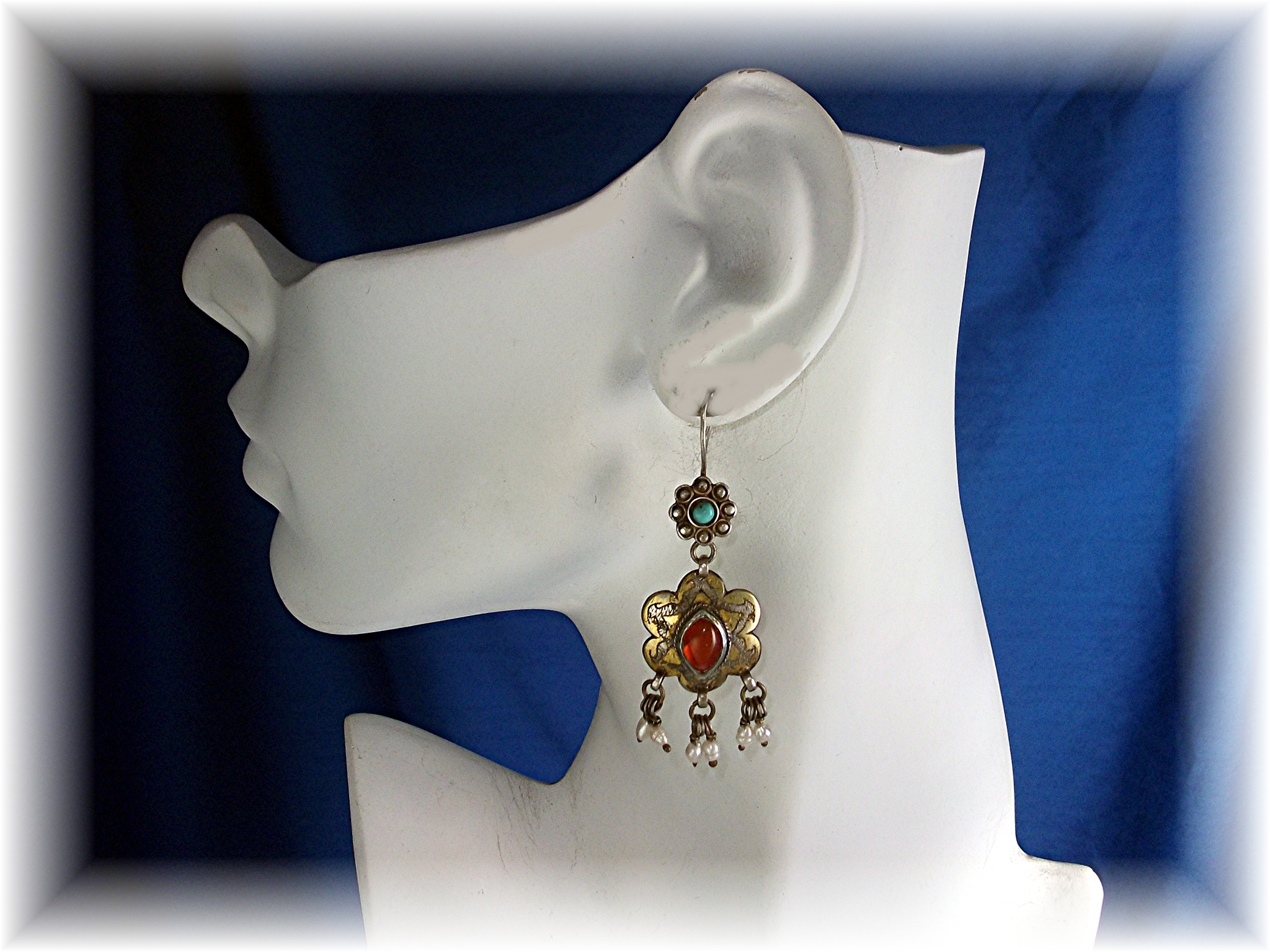 Earrings Silver Seed Pearl Turquoise Carnelian Afghanis