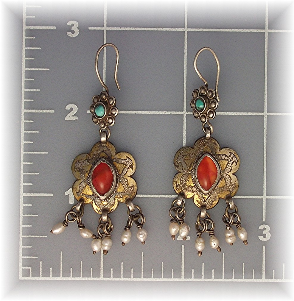 Earrings Silver Seed Pearl Turquoise Carnelian Afghanis