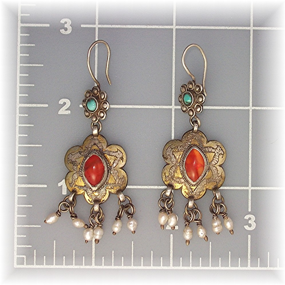 Earrings Silver Seed Pearl Turquoise Carnelian Afghanis